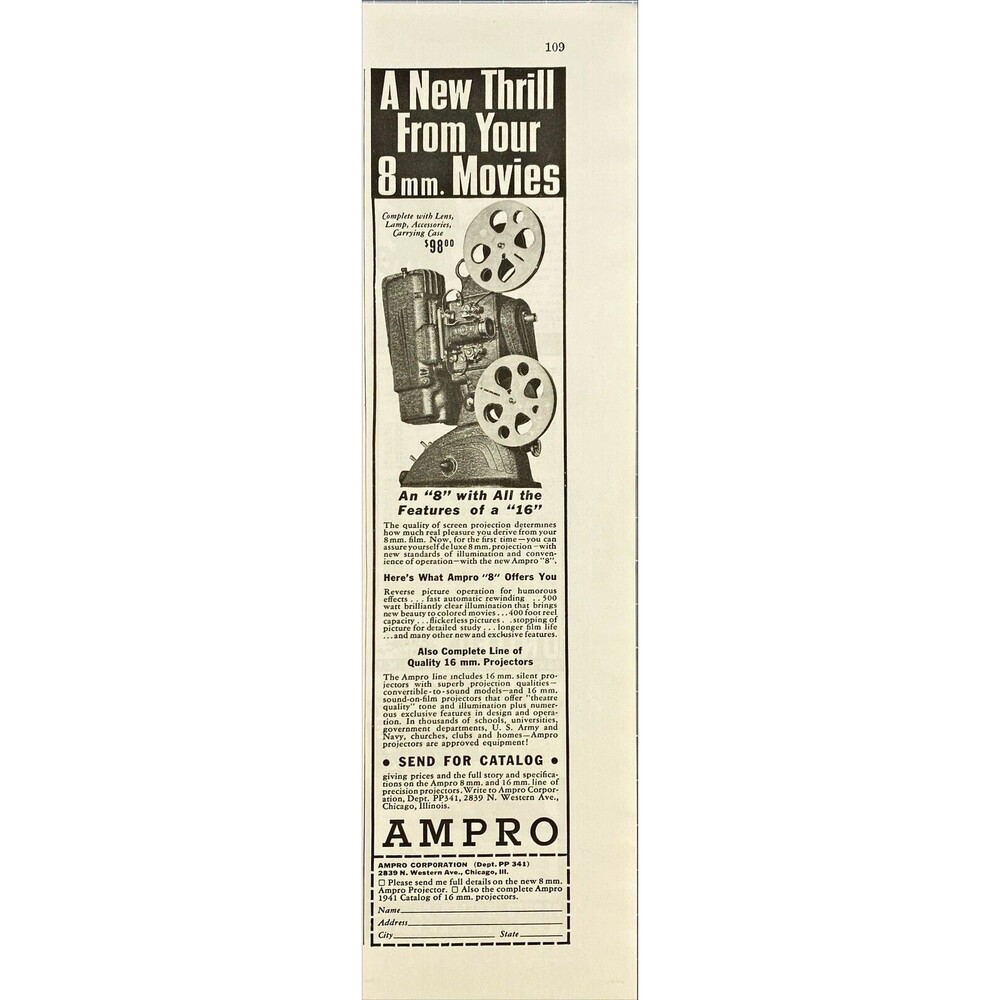 Ampro Corp. Projector "A New thrill from your 8mm Movies" Vtg Print Ad 1941